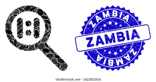 Mosaic zoom actual scale icon and grunge stamp seal with Zambia text. Mosaic vector is formed with zoom actual scale icon and with randomized elliptic spots. Zambia seal uses blue color,
