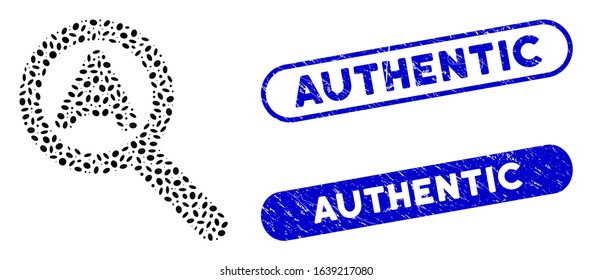 Mosaic zoom auto and corroded stamp seals with Authentic phrase. Mosaic vector zoom auto is created with scattered oval dots. Authentic stamp seals use blue color, and have round rectangle shape.