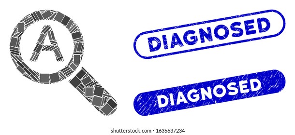 Mosaic zoom auto scale and distressed stamp watermarks with Diagnosed phrase. Mosaic vector zoom auto scale is composed with random rectangle items. Diagnosed stamp seals use blue color,