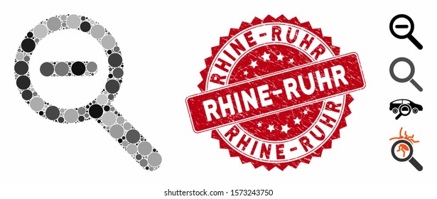 Mosaic zoom out icon and corroded stamp watermark with Rhine-Ruhr caption. Mosaic vector is created with zoom out icon and with scattered spheric elements. Rhine-Ruhr stamp uses red color,