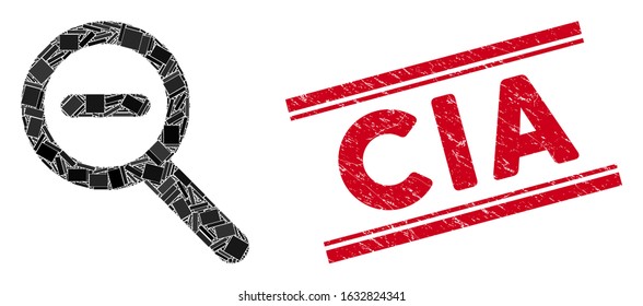 Mosaic zoom out icon and red CIA seal stamp between double parallel lines. Flat vector zoom out mosaic icon of randomized rotated rectangular items. Red CIA seal with corroded surface.