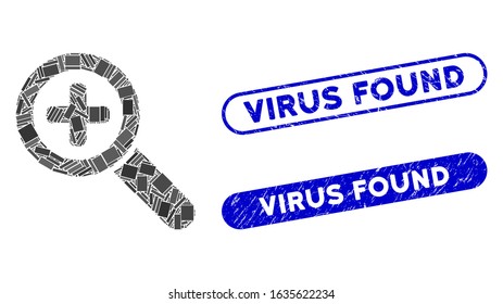 Mosaic zoom in and rubber stamp seals with Virus Found phrase. Mosaic vector zoom in is formed with scattered rectangle items. Virus Found seals use blue color, and have round rectangle shape.