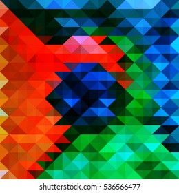 Mosaics made of triangles, abstract geometric background of dark blue orange green. Contemporary creativity, vector illustration