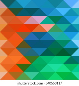 Mosaics made of triangles, abstract geometric background of blue green orange. Contemporary creativity, vector illustration