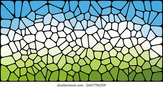 Uma imagem abstrata em estilo mosaico com um efeito de vitral, mesclando céu azul, nuvens brancas e grama verde usando formas irregulares com bordas pretas.

