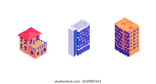 Mosaic-style pixel art icons showing buildings with red roofs, blue walls, and intricate designs.