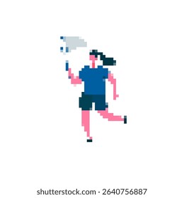 A mosaic-style pixel art showing a dynamic person running with a net, emphasizing motion.