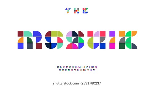 Alfabeto modular de mosaico, letras geométricas de bloques de colores, fuente artística para el logotipo creativo, diseño dinámico del titular, tipografía moderna juguetona. Vector typeset.