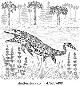 Mosasaurs - prehistoric reptile monster in nature. Antistress Coloring Book for adults.