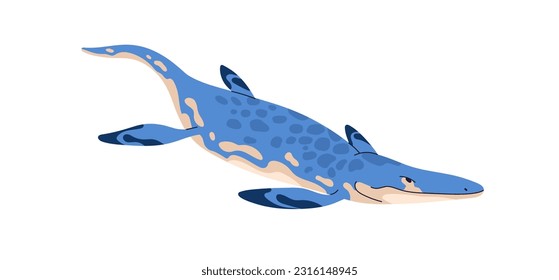 Mosasaurus, ancient water animal. Aquatic marine dinosaur swimming. Extinct underwater large fish, huge lizard of Jurassic period. Flat vector illustration isolated on white background