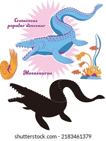 Mosasaurus.
Cretaceous sea dinosaur.
A set of silhouettes and pop color illustrations.