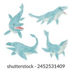 Mosasaurus . Cute dinosaur cartoon characters . Watercolor paint design . Set 7 of 20 . Vector .