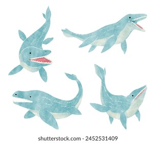 Mosasaurus . Cute dinosaur cartoon characters . Watercolor paint design . Set 7 of 20 . Vector .