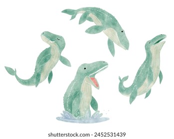 Mosasaurus . Cute dinosaur cartoon characters . Watercolor paint design . Set 8 of 20 . Vector .