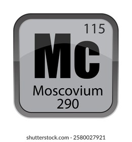 Moscovium 115 tile. MC chemical label. Vector periodic element. Glossy gray border.