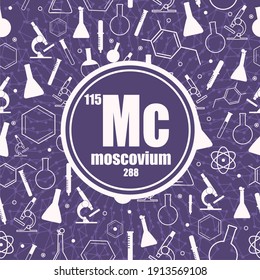 Moscovium chemical element. Sign with atomic number and atomic weight. Chemical element of periodic table. Connected lines with dots. Circle frame with icons.