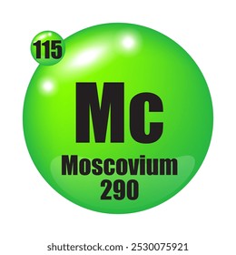 Ícone Moscovium. Elemento químico de Mc. Número atômico 115. Massa 290. Esfera verde brilhante.