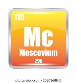 Ícone Moscovium. Elemento químico de Mc. Número atômico 115. Massa 290. Design quadrado laranja.