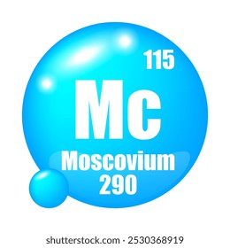 Ícone Moscovium. Elemento químico de Mc. Número atômico 115. Massa 290. Design de esfera azul.