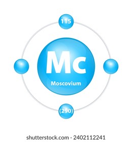Moscovium (Mc) Icon structure chemical element round shape circle light blue with surround ring. Period number shows of energy levels of electron. Study science for education. 3D Illustration vector.
