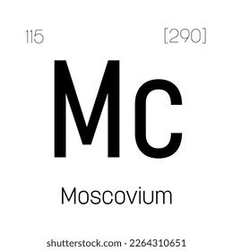 Moscovium, Mc, periodic table element with name, symbol, atomic number and weight. Synthetic element with very short half-life, created through nuclear reactions in a laboratory.