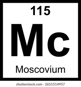 Moscovium (Mc) periodic table of elements tile. Icon with atomic number 115. A synthetic superheavy element named after the Moscow region.