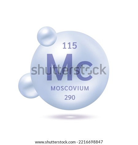 Moscovium molecule models blue gray and chemical formulas scientific element. Natural gas. Ecology and biochemistry concept. Isolated spheres on white background. 3D Vector Illustration.