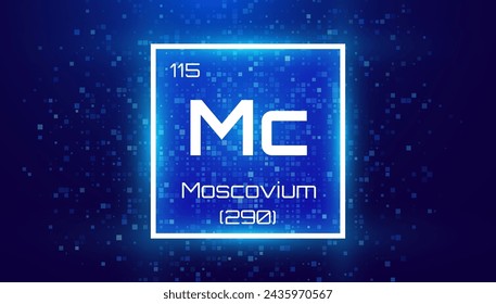 Moscovium. Elemento de tabla periódica con símbolo Mc. Tarjeta de elemento químico con número y peso atómico. Diseño para Educación, Laboratorio, Clase de Ciencias. Ilustración vectorial.
