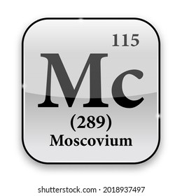 Moscovium symbol.Chemical element of the periodic table on a glossy white background in a silver frame.Vector illustration.