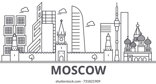 Moscow Architecture Line Skyline Illustration. Linear Vector Cityscape With Famous Landmarks, City Sights, Design Icons. Landscape Wtih Editable Strokes