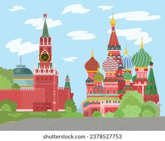 Moscú es la capital de Rusia, Plaza Roja. El Kremlin y la catedral de San Basil. Ilustración vectorial.