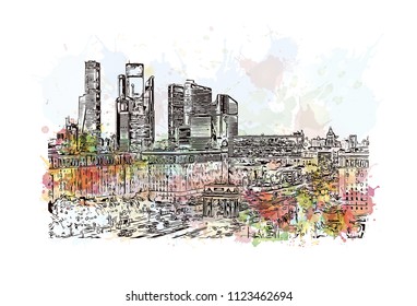 Moscow Capital of Russia. Watercolor
splash with Hand drawn sketch illustration in vector.