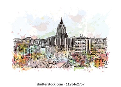 Moscow Capital of Russia. Watercolor
splash with Hand drawn sketch illustration in vector.