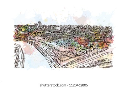 Moscow Capital of Russia. Watercolor
splash with Hand drawn sketch illustration in vector.