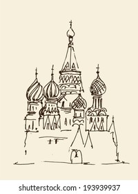 Moscow (Cathedral of Vasily the Blessed) city architecture, vintage engraved illustration, hand drawn