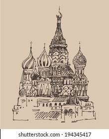 Moscow (Cathedral of Vasily the Blessed) city architecture, vintage engraved illustration, hand drawn