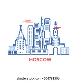 Moscow city architecture retro vector illustration, skyline city silhouette, skyscraper, stroke design