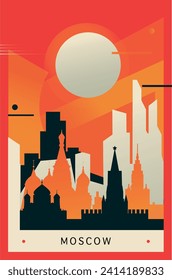 Moscow city brutalism poster with abstract skyline, cityscape retro vector illustration. Russian capital travel front cover, brochure, flyer, leaflet, business presentation template image