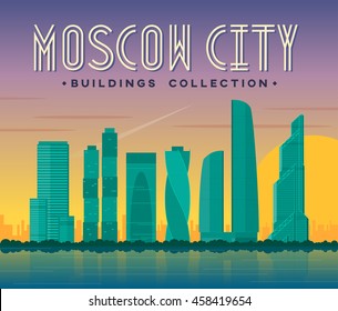Moscow city buildings on sunset. Vector illustration with real proportions of the buildings for infographics of real estate business and architecture.