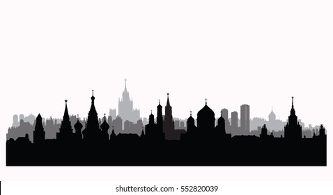 Moscow city buildings silhouette. Russian urban landscape. Moscow cityscape with landmarks. Travel Russia background.
