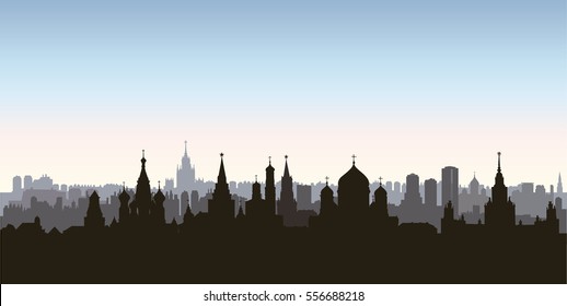 Moscow city buildings silhouette. Russian urban landscape. Moscow cityscape with landmarks. Travel Russia background.