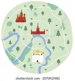 Mapa del centro de la ciudad de Moscú con famosos monumentos del Kremlin, la Catedral de Basil y el Cristo Salvador en estilo de sketch dibujado a mano.