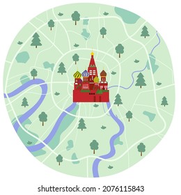 Moscow city center map with famous landmark St. Basil's Cathedral sketch style. Vector illustration isolated on white background