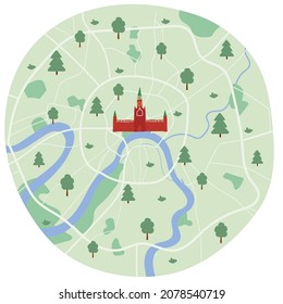 Moskauer Stadtplan mit berühmtem Wahrzeichen Kreml im mittleren Skizzenstil. Vektorgrafik einzeln auf Weiß