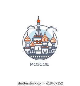 Moscow city flat line color icon with caption. City logo, landmark, vector symbol. Saint Basil's Cathedral. Vector Illustration isolated on white background.