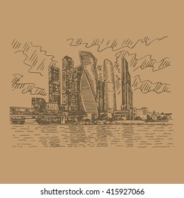Moscow city (Moscow International Business Center), Russia. Skyscrapers on the bank of the Moscow river. Sketch by hand. Vector  illustration. Engraving style