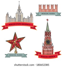 Moscow City Label set. Red brick wall, Spasskaya tower, Moscow State University, Kremlin star. Travel icon vector collection.