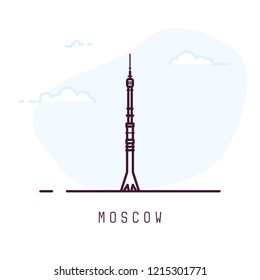 Moscow city line style illustration. Big and famous Ostankino tower in Moscow. Russian architecture city symbol of Russian Federation. Outline building vector illustration. Travel and tourism banner.