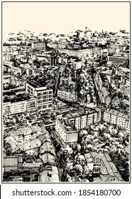 Moscow city modern panoram birds eye view. Black and white hand drawing with pen and ink. Sketch style.