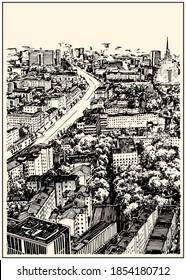 Moscow city modern panoram birds eye view. Black and white hand drawing with pen and ink. Sketch style.